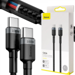 USB-C / USB-C KABELAS Baseus Cafule CATKLF-ALG1 200cm 100W 5A PD 2.0 QC 3.0 JUODAI PILKA Pinti