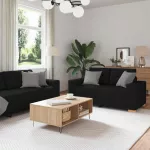 Sofa Dviejų dalių sofos komplektas su pagalvėlėmis, juodas audinys