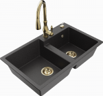Granitinė virtuvinė plautuvė Mexen Tomas su mai&scaron;ytuvu ir sifonu, Juodas granite+Gold