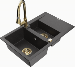 Granitinė virtuvinė plautuvė Mexen Gaspar su mai&scaron;ytuvu ir sifonu, Juodas granite+Gold