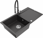 Granitinė virtuvinė plautuvė Mexen Leo su mai&scaron;ytuvu ir sifonu, Juodas granite+Juodas/Chrome
