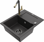 Granitinė virtuvinė plautuvė Mexen Enzo su mai&scaron;ytuvu ir sifonu, Juodas granite+Juodas granite/Gold