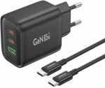 Foneng laidinis įkroviklis GaN10-EU - USB + 2xType C - QC 4.0+ PD 65W su Type C į Type C kabeliu juodos spalvos