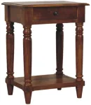 Artisan Furniture Mango medienos &scaron;oninis staliukas su tekintomis kojelėmis ir stalčiumi, ka&scaron;tono atspalvio
