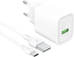 Įkroviklis XO Sieciowa QC 18W 1x USB balta + kabelis USB-C (CE50)