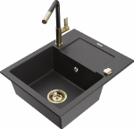 Granitinė virtuvinė plautuvė Mexen Enzo su mai&scaron;ytuvu ir sifonu, Juodas granite+Juodas granite/Gold