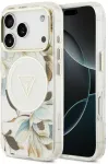 Dėklas Guess IML Glitter Flowers Triangle MagSafe do iPhone 18 Pro Max / 17 Pro Max balta