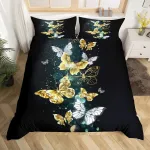 Homemissing patalynės komplektas su drugeliais, 220 x 240 cm, vaiki&scaron;ka patalynė, drugeliai, aukso ir balta spalvos, antklodės užvalkalas, skraidantys gyvūnai, antklodės užvalkalas, prabangus juodas kambario dekoras