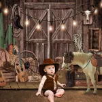 3 x 2,4 m foto fonas Western Cowboy Wild West Rustic Wooden House Barn Door Vintage Photography Background Children Baby Shower Western Birthday Party Decorations Banner Photo Studio Props