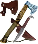 Crafttal - Vikingų kirvis 52 Cn. su Raban galvos peiliu 2-in-1 rinkinys, rankomis graviruota ąžuolo medžio rankena, 1095 anglinio plieno a&scaron;menys, Larp kirvukas su odine apsauga, dovana vyrams