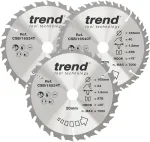 Trend Wood akumuliatorinio diskinio pjūklo diskai, 3 vnt., 165 mm skersmuo, 20 mm skylė, 24 ir 40 dantų, Hw, 1,5 mm pjovimo plotis, +15&deg; kampas, Csb/165/3pk/c