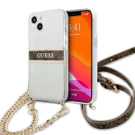 [GRĄŽINTA PREKĖ] &bdquo;Guess&ldquo; GUHCP13SKC4GBGO iPhone 13 mini 5.4" permatomas kietas dėklas 4G rudas dirželis auksinė grandinėlė (Atnaujinta)