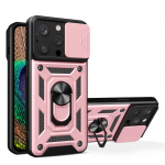 Hurtel iPhone 15 Pro Max Hybrid Armor Camshield Kicksu stoveliu ir Camera - dėklas telefonui rožinės spalvos