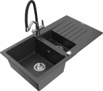 Granitinė virtuvinė plautuvė Mexen Matias su mai&scaron;ytuvu ir sifonu, Juodas granite+Juodas/Chrome