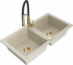 Granitinė virtuvinė plautuvė Mexen Mario su mai&scaron;ytuvu ir sifonu, rusvai gelsvas+Juodas/Gold