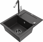 Granitinė virtuvinė plautuvė Mexen Enzo su mai&scaron;ytuvu ir sifonu, Juodas granite+Juodas granite/Chrome