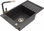 Granitinė virtuvinė plautuvė Mexen Elias su mai&scaron;ytuvu ir sifonu, Juodas granite+Juodas granite/Gold