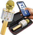 Appio Belaidis karaoke mikrofonas su radijo garsiakalbiu Bluetooth auksinis + dėklas