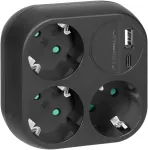 Orno Rozgałęźnik 3x2P+Z, Schuko, su ładowarką USB-A+C, 15,5 W, juoda