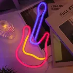 Gitara neoninis ženklas, muzikos natų neoninis ženklas, neoninė naktinė lemputė, neoninė lempa su 2 kabliukais, maitinama baterijomis arba usb neoninė lemputė, muzikos neoninė lemputė, neoninė meno lemputė, roko lemputės ženklas namams, miegamojo dekoras