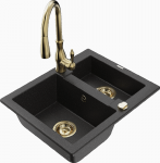 Granitinė virtuvinė plautuvė Mexen Carlos su mai&scaron;ytuvu ir sifonu, Metallic juodas/sidabrinis+Gold
