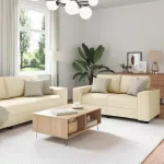 Sofa Dviejų dalių sofos komplektas su pagalvėlėmis, kreminės spalvos audinys