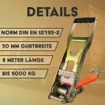 Tvirtinimo diržas su ilga svirtine terk&scaron;le ir kabliu, 50 mm pločio, 8 m ilgio, iki 5000 kg, oranžinis tvirtinimo diržas kroviniams tvirtinti su dvigubais kabliais, juosta, tvirtinimo diržas 8 m