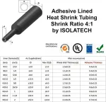Isolatech Termoizoliaciniai vamzdeliai, parduodami metrais, juodi su klijais, skersmuo 52 mm, 1 metras, susitraukimo santykis 4:1, polietileno rinkinys kabelių izoliavimui, litavimo jungtys, nepaženklinti, atsparūs Uv spinduliams