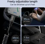 Leehitech spiralinis usb c&ndash;usb c kampinis kabelis (0,5 m&ndash;1,8 m) 20 gbps 100 w greito įkrovimo kabelis automobiliui, mobiliojo telefono įkrovimo kabelis 8k @ 60 hz, 90 laipsnių duomenų kabelis, skirtas iphone 16/15 pro max, galaxy s24/s23