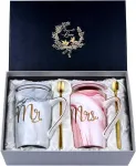 Affek Design Mr ir Mrs kavos puodeliai porai, vestuvių dovana jaunavedžiams, vestuvių dovanos porai / nuotakai ir jaunikiui, 400 ml keraminiai puodeliai, &scaron;auk&scaron;teliai ir dangteliai su atvirukais, graži dėžutė