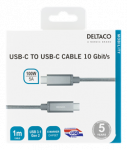 USB-C kabelis DELTACO 1m, SuperSpeed , pintas, USB 3.1 Gen 2, 10 Gbps, 100W, sidabrinė / USBC-1417M