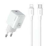 USAMS Laidinis įkroviklis 1xUSB-C PD20W PD3.0 Fast Charging US-CC183 + kabelis USB-C/Lightning US-SJ610 baltos spalvos YX Series YXXLOGTC03