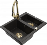 Granitinė virtuvinė plautuvė Mexen Carlos su mai&scaron;ytuvu ir sifonu, Metallic juodas/auksinis+Gold