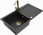 Granitinė virtuvinė plautuvė Mexen Leo su mai&scaron;ytuvu ir sifonu, Metallic juodas/sidabrinis+Gold