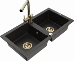 Granitinė virtuvinė plautuvė Mexen Mario su mai&scaron;ytuvu ir sifonu, Metallic juodas/auksinis+Gold