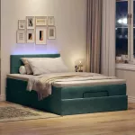 Osmanų lova su čiužiniu ir LED tamsiai žalias 120x190cm aksomas