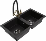 Granitinė virtuvinė plautuvė Mexen Mario su mai&scaron;ytuvu ir sifonu, Juodas+Juodas/Gold