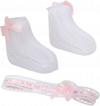 Arias lėlių aksesuarai: nertos kojinytės ir lankelis, balti, 40&ndash;45 cm