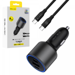 Blavec Automobilinis įkroviklis BS-06D-C Trip - USB + 2xType C - QC 3.0 18W PD 65W su Type C į Type C (CCBS06DCQ-U2CB) juodos spalvos