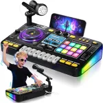 Vaiki&scaron;kas DJ pultas su mikrofonu, pianino klaviatūra, Bluetooth ir DJ patefonu