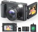 Skaitmeninis fotoaparatas 4k 48mp 16x priartinimas su 32gb kortele Kompakti&scaron;kas fotoaparatas su 3 colių atlenkiamu ekranu Automatinis fokusavimas Blykstė Apsauga nuo drebėjimo Vlog kamera Asmenukės pradedantiesiems