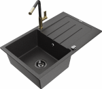 Granitinė virtuvinė plautuvė Mexen Bruno su mai&scaron;ytuvu ir sifonu, Juodas granite+Juodas granite/Gold