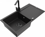Granitinė virtuvinė plautuvė Mexen Leo su mai&scaron;ytuvu ir sifonu, Metallic juodas/sidabrinis+Juodas
