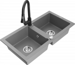 Granitinė virtuvinė plautuvė Mexen Mario su mai&scaron;ytuvu ir sifonu, Pilkas+Juodas