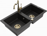 Granitinė virtuvinė plautuvė Mexen Mario su mai&scaron;ytuvu ir sifonu, Metallic juodas/sidabrinis+Gold