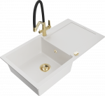 Granitinė virtuvinė plautuvė Mexen Leo su mai&scaron;ytuvu ir sifonu, Baltas+Juodas/Gold