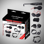 Power Escorts Bondage rinkinys 8 vnt juodas rankogaliai / apykaklė / kaukė / whipp / spaustukai / virvė ir kt