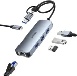 BENFEI USB-C į Gigabit Ethernet adapteris su 3 USB 3.0 jungtimis, 5 Gb/s, 000386grey