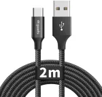 Etguuds usb c kabelis 2 m, nailoninis usb a į usb c įkrovimo kabelis greito įkrovimo kabelis usbc, skirtas iphone 15 pro max galaxy s23 s22 s21 s10 lite s10 s9 s8 note 10 - juodas
