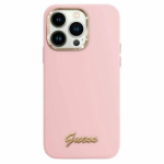 Guess Silikoninis Script Metal Logo & Frame Apple iPhone 16 Pro Max - dėklas telefonui rožinės spalvos